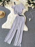 Yipinpay Vacation Casual Sports Suits Summer Off Shoulder Short Camis Tops+High Waist Wide Leg Pants Women Y2K Two Pieces Sets