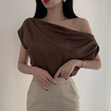Yipinpay Temperament Off Shoulder Design Versatile Short Sleeve Pile Up Collar Shirt Slash Crop Top Blusas Mujer De Moda 2023 Slim Shirts