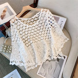 Yipinpay crochet hollow lace western-style half sleeved top, women's loose versatile cover up, sun protection , beach shirt