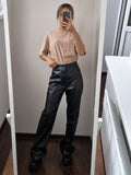 Yipinpay Vintage Brown Pu Pants Women Winter High Waist Wide Leg Pants Warm Pleated Floor-Length Office Ladies Solid Trousers