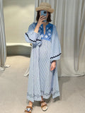 Yipinpay Embroidered Patchwork Maxi Dress For Women Fashion O-neck Striped Lantern Sleeves Long Dresses Summer Loose Lady Robe