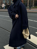 Winter Women Vintage Long Woolen Coat With Belt Fashion Solid Long Sleeve Jackets Chic Outerwear Ladies Casual Overcoat