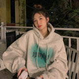yipinpay Women's Grey Fashion Letter Printing Baggy Pullover Pocket Fleece Thicken Sweatshirt Lazy Casual Raglan Sleeves Hoodie Winter