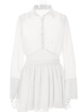 Yipinpay MO Sexy Women Chiffon Turndown Collar White Ruched Mini Dress Chic Single Breasted Longsleeve Slim Fall Dresses 2023