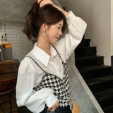 Yipinpay Houndstooth Vest Vintage Blusas Mujer De Moda 2023 Spring White Chiffon Shirt Women 2 Piece Sets Tops Blouse