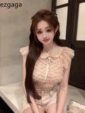 Yipinpay Sweet Shirts Women Bowknot Flying Sleeve Lace Ruffles Patchwork Turn Down Collar Elegant Blouse Vintage Female Tops