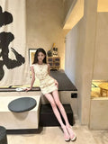 Yipinpay hot Girl Set Women's Summer o-Neck Sleeveless Top High Waist Wrapped Hip Short Skirt Two-piece Set fashion female clothes