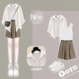 Yipinpay Women's Tracksuit Suit 2024 Summer New Casual Sunscreen Shirt Top Vest Shorts Three Piece Korean Chic Blouse Pants Matching Set