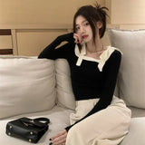 Yipinpay for Women Jersey Sweater Slim Sexy Crop Tops Retro Square Bow Black Sweater Knitted Blouse Spring Elegant Chic