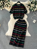Yipinpay Summer Knit Casual Two Pieces Sets Women Loose Short Camisole+ Skinny Long Dress Retro Stripe Hollow Out Design Suit