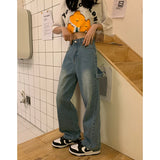 yipinpay Baggy Blue Women's Jeans Straight Loose High Waist Trousers Flower Printing Streetwear Fashion Mom Denim Wide Leg Pants