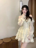Yipinpay Sleeve Elegant Mini Dress Lolita Pure Color Short Party Dress Woman Casual 2024 Spring Sweet One Piece Dress Korean Fashion