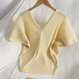 Yipinpay V-neck Minimalist T-shirts Bat Sleeve Pleated Spring Summer New Korean Solid Fashion Short Sleeve Top Casual Blouse Shirts