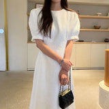 Yipinpay O Neck Puff Short Sleeve Purple Plaid Dress Women Maxi Fashion Korean White Tweed Dress Robe Vestidos Long 2023 Fall