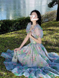 Yipinpay Style Elegant Floral Midi Dress Vintage Short Sleeve Evening Party Dress Casual Korean Fashion Sundress Woman 2023 Summer