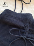 Yipinpay Hotsweet Female Beach Suits Strapless Halter Sexy Camis+Drawstring Basics Slim Skirt Fashion Knitted Two Pieces Suit