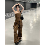 yipinpay Women Brown Casual Pants Vest Sleeveless Vintage Fashion Straight American Wide Leg Pants Female 2023 Summer Solid Trouser