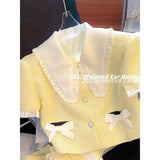 Yipinpay Bow Design Sense Top Tweed Cardigan Yellow Doll Shirt Skirts Shorts Sets Sexy Two Piece Set Women Short Sleeve Coats