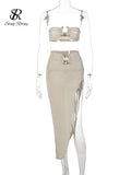 Yipinpay Irregular Women Summer Sets 2024 Party Slim Solid Elastic Waist Split Sets Elegant Ladies Romantic Sexy Two Piece Sets