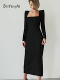 yipinpay Spring Fall Sexy Low Cut Long Dresses for Women Slim Square Collar French Black Elegant Bodycon Dress Ladies Vestidos