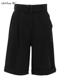 Yipinpay Office Ladies Black Classy Shorts Elegant High Waisted Pleated Hot Pant With Belt Summer Women Wide Leg Shorts 2023