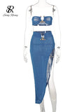 Yipinpay Irregular Women Summer Sets 2024 Party Slim Solid Elastic Waist Split Sets Elegant Ladies Romantic Sexy Two Piece Sets