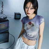 yipinpay Crop Top Short Sleeve T Shirt Women See Through Mesh Tops Y2k Streetwear Print Graphic Tees 2000s Aesthetic Vintage Clothes