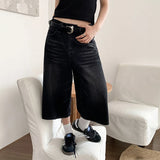 Yipinpay Women Black Y2k Style Baggy Denim Shorts Wide Leg Short Pants Fashion High Waisted Dark Wash Knee Length Jeans Female Casual