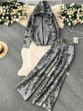 Yipinpay Hoodie Sporty Suits Zipper Loose Cardigan+High Waist Wide Legs Long Pants 2024 Autumn Women Fashion Print Casual Sets