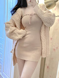 Yipinpay Winter Long Sweater Cardigan + Bodycon Y2k Mini Skirt Pink Kawaii Knitted Dress Set Korean Fashion Sexy Slim Suit Woman