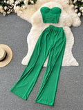 Yipinpay Women Solid Sexy Two Pieces Sets Summer Strapless Slim Camisole + Wide Leg Long Pants Sets Streetwear Two Piece Suits