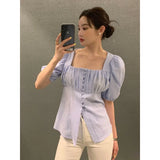 Yipinpay Women Single Breasted Jacquard Top Short Sleeved Shirt Blusas Mujer Crop Blouse Style White Shirt Femme Camisas Square Shirt