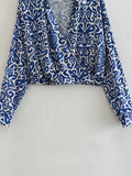 Yipinpay Blue Print Crop Top Women Wrap Cropped Shirt Woman Long Sleeve Summer Blouses Woman 2023 Elegant And Vintage Women's Blouse