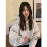 yipinpay Dark Grey Hoodie Fleece Thicken Sweatshirt Long Sleeve Korean Letter Printing Baggy Female Tops Pullover Hoodie Autumn