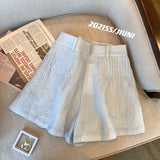 Yipinpay Style Loose Blue Shirts Y2k Tops Ruffled Blouses Korean Wide Leg Shorts Two Piece Sets Womens Outifits 2023 New