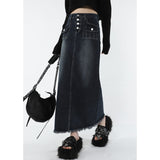 yipinpay Women Blue Denim Half Body Skirt Gradient High Waist Casual Korean Fashion Mid Length Bottoms Baggy Vintage Female Long Skirt