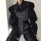 Yipinpay Autumn Turn Down Collar Shirt Lantern Sleeve Blouse Casual Top Bandage Grey Camisole Camisas De Mujer Blusas