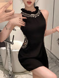 Yipinpay Elegant Mini Dresses Women Rhinestone Hollow Out French Style Ruffled Collar Slim Sleeveless Off Shoulder Black Sexy