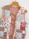 Yipinpay 2024 Ethnic Women Patchwork Floral Print Quilted Vest Sleeveless Coat V Neck Pockets Lady Vintage Waistcoat