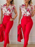 Yipinpay Women Two Piece Set Suits New Fashion Printed Ruffle Sleeve Top Solid Color Pants Set With Belt Blouses Female Clothing