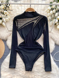 Yipinpay Sexy Sheer Women Bodysuits Mesh Patchwork Slim Bodycon 2024 Spring New IN Streetwear Skinny Night Club Party Rompers