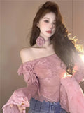 Yipinpay Hot Girl Flare Sleeved Sweater Women's Autumn and Winter Off Shoulder Slash Neck Knitted Pullover Fashion Female Clothes