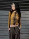 yipinpay Top Long Sleeve T-Shirts Women Dot Print Graphic Tees Autumn Winter Clothes Streetwear O Neck Bodycon Yellow Crop Top