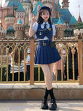 Yipinpay Academy Style JK Uniform Skirts Set Bubble Sleeve Shirt+Vest Cardigan+Pleated Skirt Spicy Girl Three Piece Set for Women