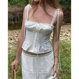 Yipinpay Sweet Lace Trim White Slim Camis Sexy Women Cotton Tank Top Summer Bow Front Button Crop Top