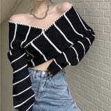 Yipinpay Cross V Neck Off The Shoulder Black White Striped Knitted Sweaters Women Sexy One Slim Irregular Crop Top 2023 Grey