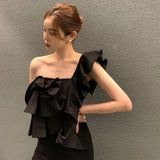 Yipinpay Shoulder Blouses Sexy Temperament Irregular Off Shoulder Shirt Women Black Blusas Mujer Summer Ruffle Crop Tops Y2k Shirts