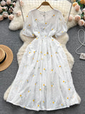 Yipinpay Fashion Sweet Long Sundress Women Square Collar Short Puff Sleeves Embroidery Floral Ruched Zipper Beach Style Dress