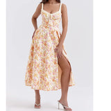 Yipinpay 2024 Women French Style Floral Print A-line Midi Sling Dress Sexy Sleeveless Front Slit Female Holiday Party Summer Dress