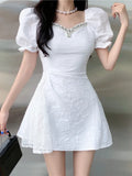 Yipinpay Woman Dress V Neck Diamonds Puff Short Sleeve Flowers Lace Patchwork Vintage Korean Fashion Elegant Dresses Sexy
